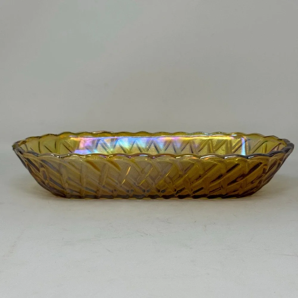 Vintage Amber Iridescent Glass Relish Dish Serving Tray Textured Embossed Retro